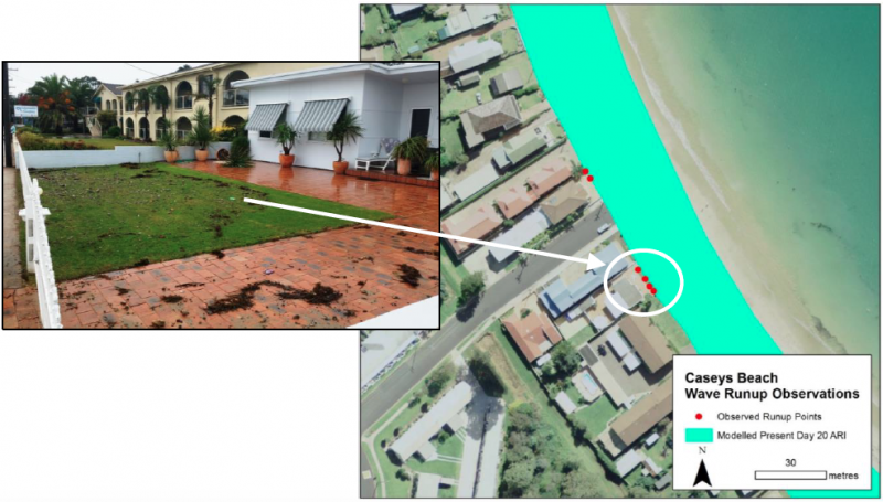 June 2016 storm - WRL’s coastal engineers had previously surveyed the high-water marks associated with wave action in the study area on a sandy beach (Malua Bay) after a major storm in August 1986, and over a seawall (Caseys Beach) 