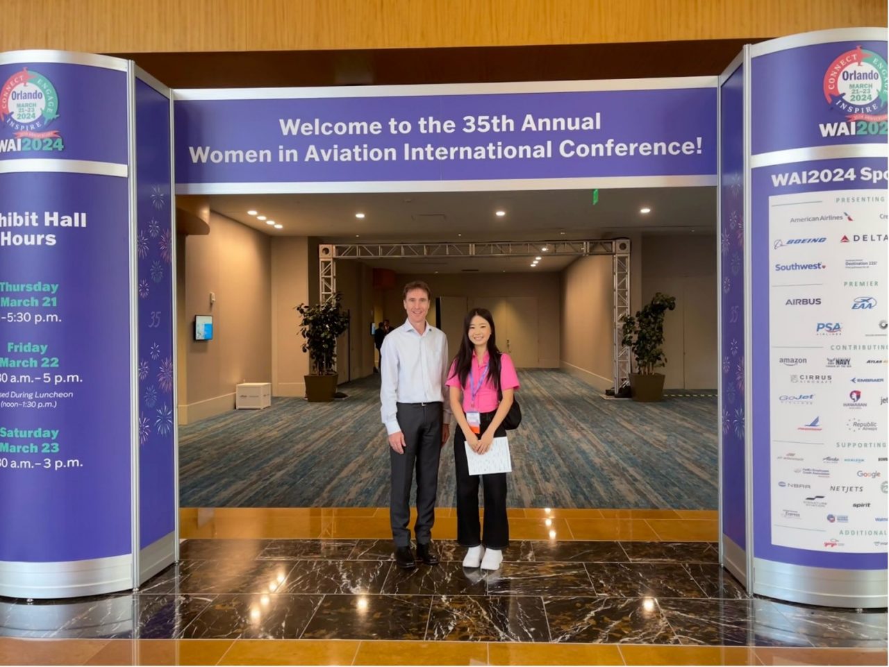 Prof Brett Molesworth and WAI Scholarship recipient Amy Daum Jeong attending the Women in Aviation International Conference in Orlando, Florida