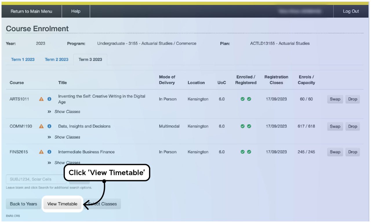 Screenshot illustrating the class registration process on myUNSW as described