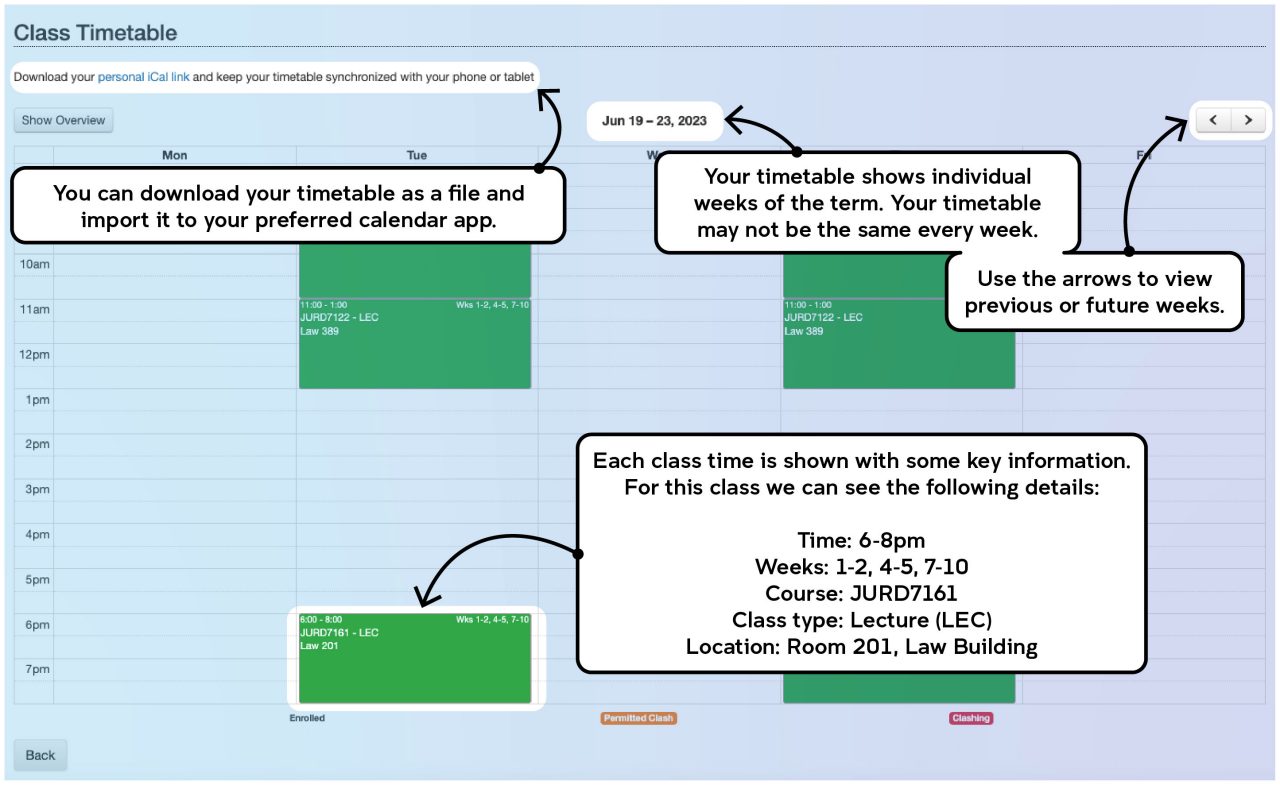 Screenshot illustrating the class registration process on myUNSW as described