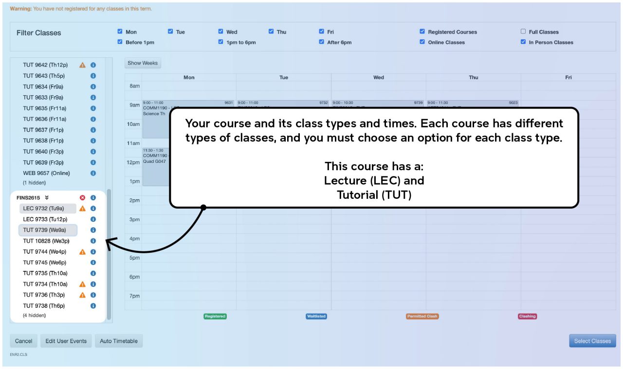 Screenshot illustrating the class registration process on myUNSW as described