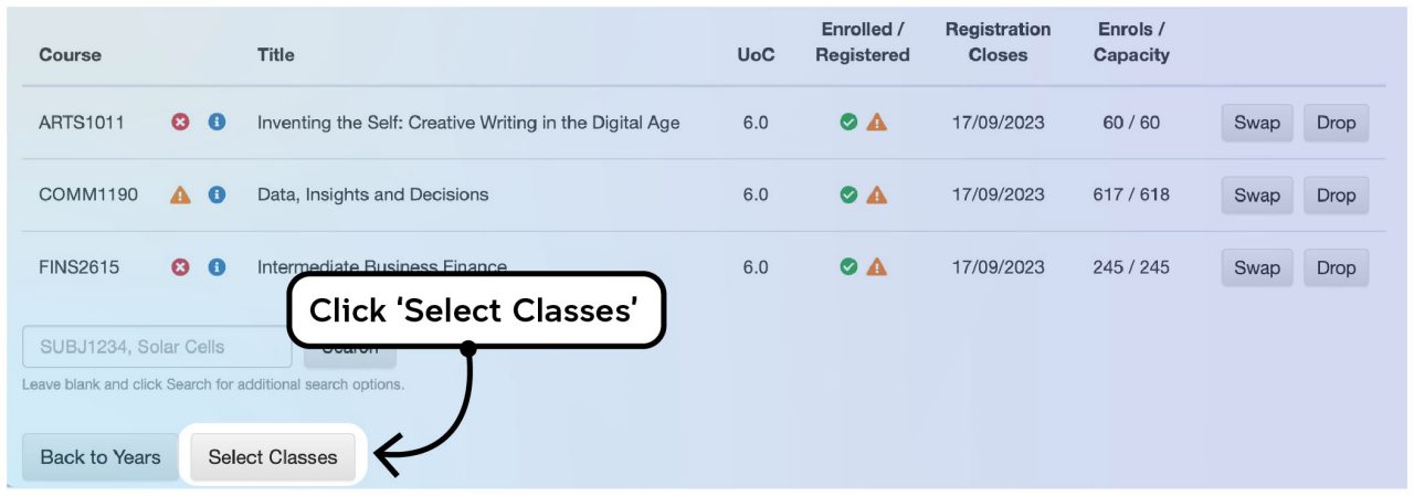 Screenshot illustrating the class registration process on myUNSW as described