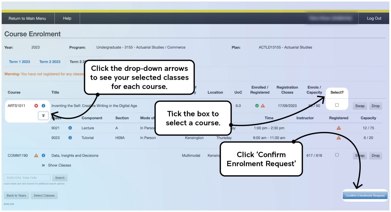 Screenshot illustrating the class registration process on myUNSW as described