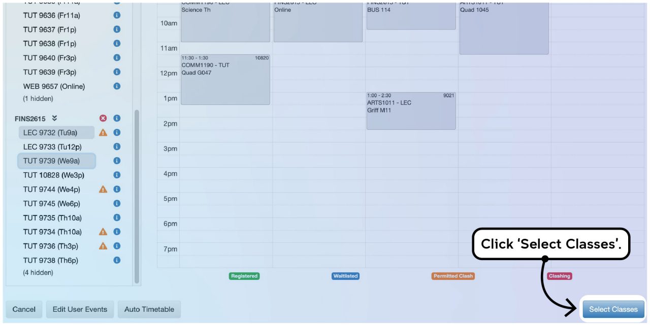 Screenshot illustrating the class registration process on myUNSW as described