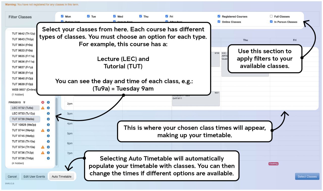 Screenshot illustrating the class registration process on myUNSW as described