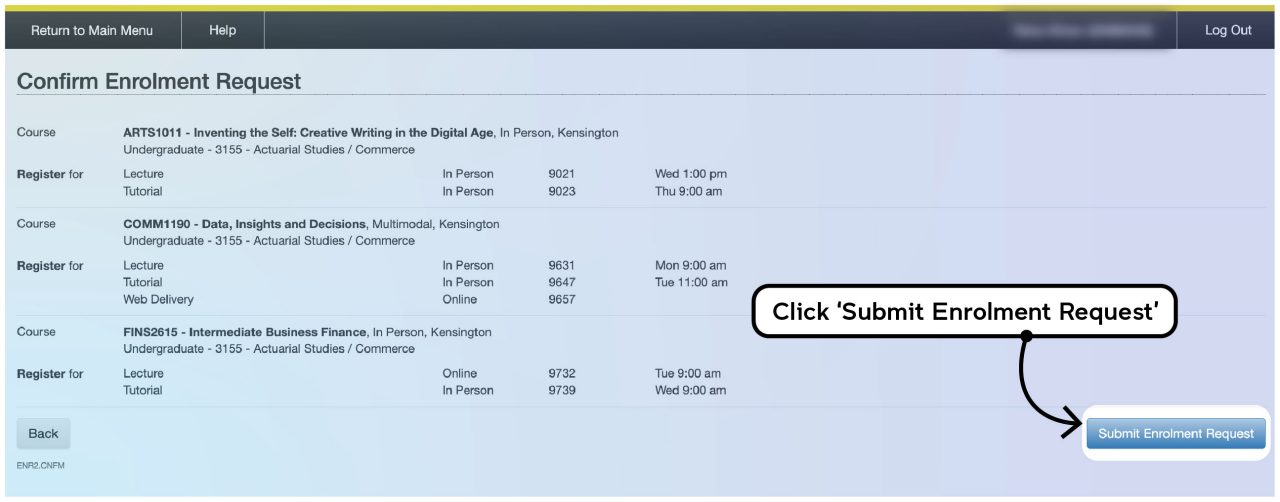 Screenshot illustrating the class registration process on myUNSW as described