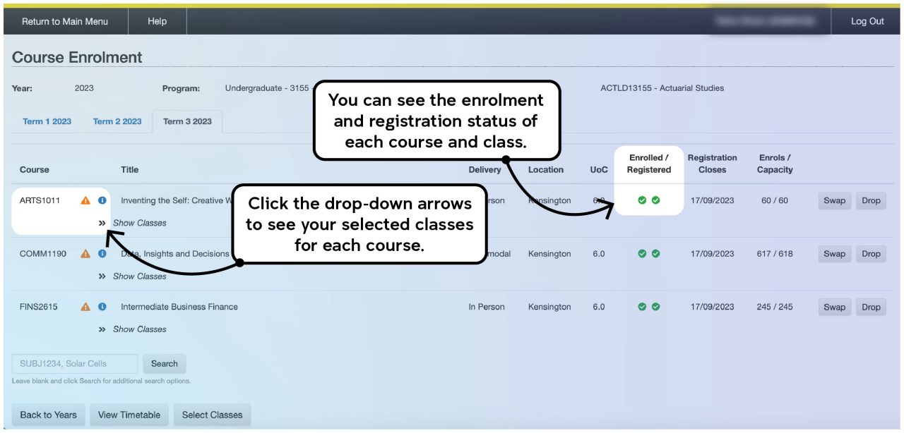 Screenshot illustrating the class registration process on myUNSW as described