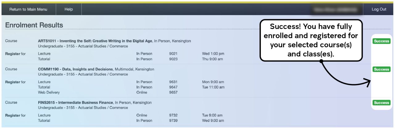 Screenshot illustrating the class registration process on myUNSW as described