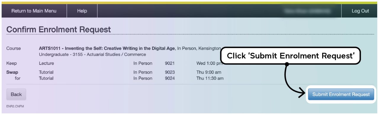 Screenshot illustrating the class swapping process on myUNSW as described