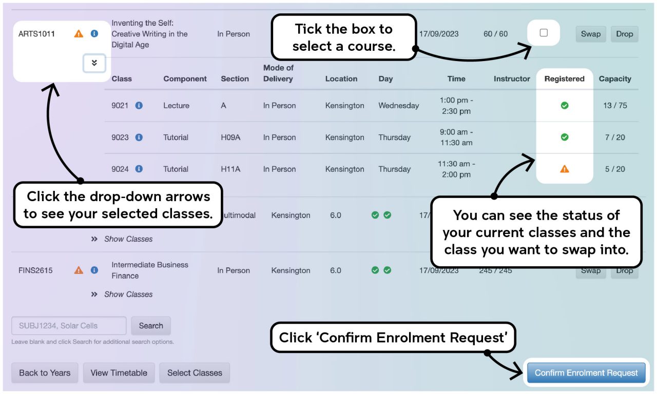 Screenshot illustrating the class swapping process on myUNSW as described