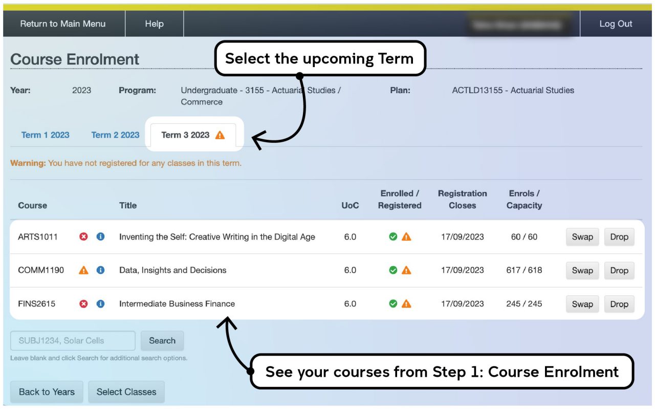 Screenshot illustrating the class registration process on myUNSW as described