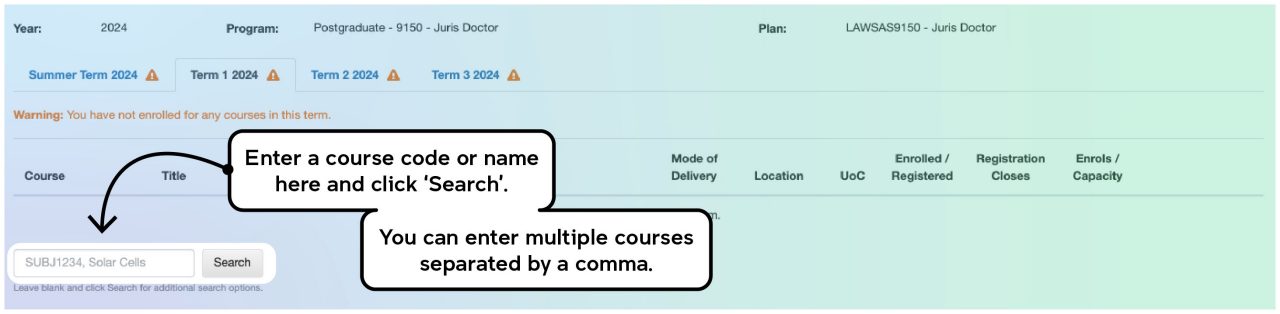 Screenshot illustrating the course enrolment process on myUNSW as described