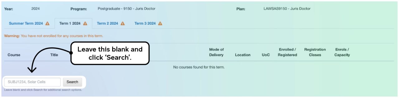 Screenshot illustrating the course enrolment process on myUNSW as described