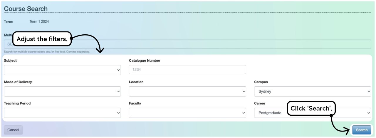 Screenshot illustrating the course enrolment process on myUNSW as described