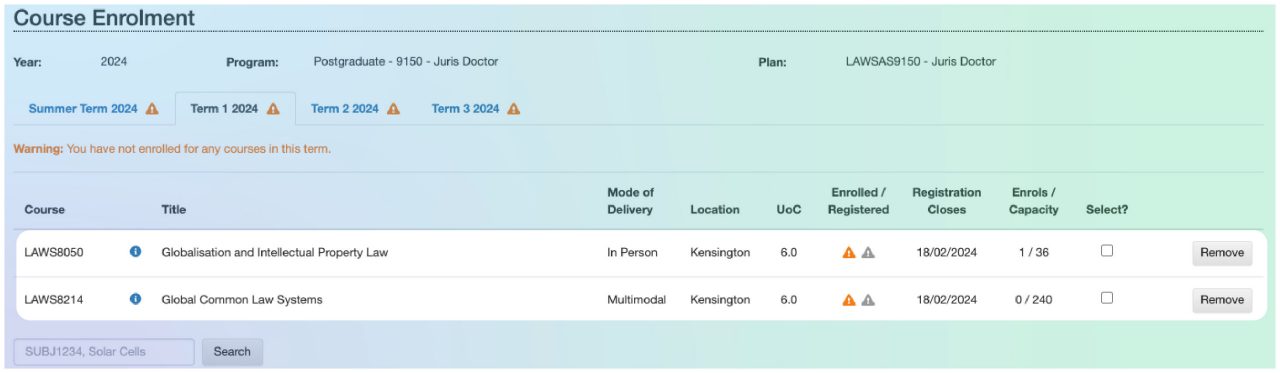 Screenshot illustrating the course enrolment process on myUNSW as described