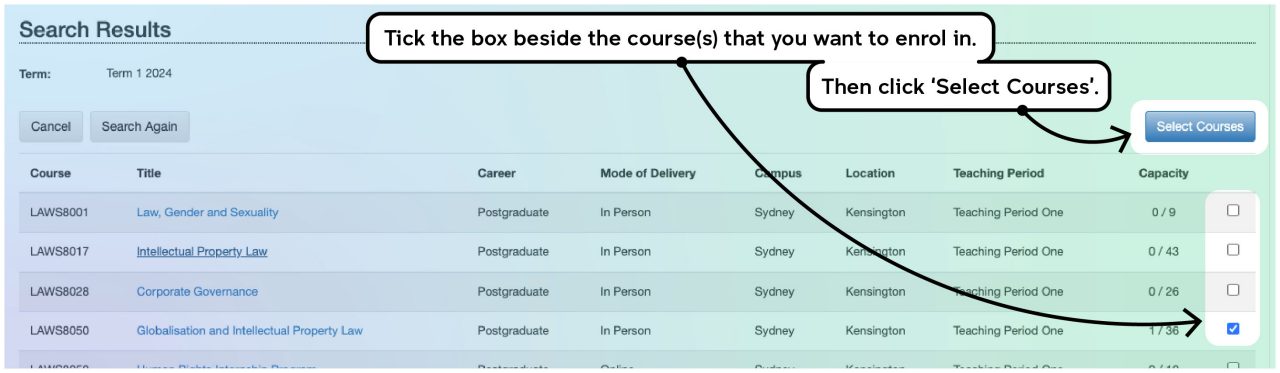 Screenshot illustrating the course enrolment process on myUNSW as described