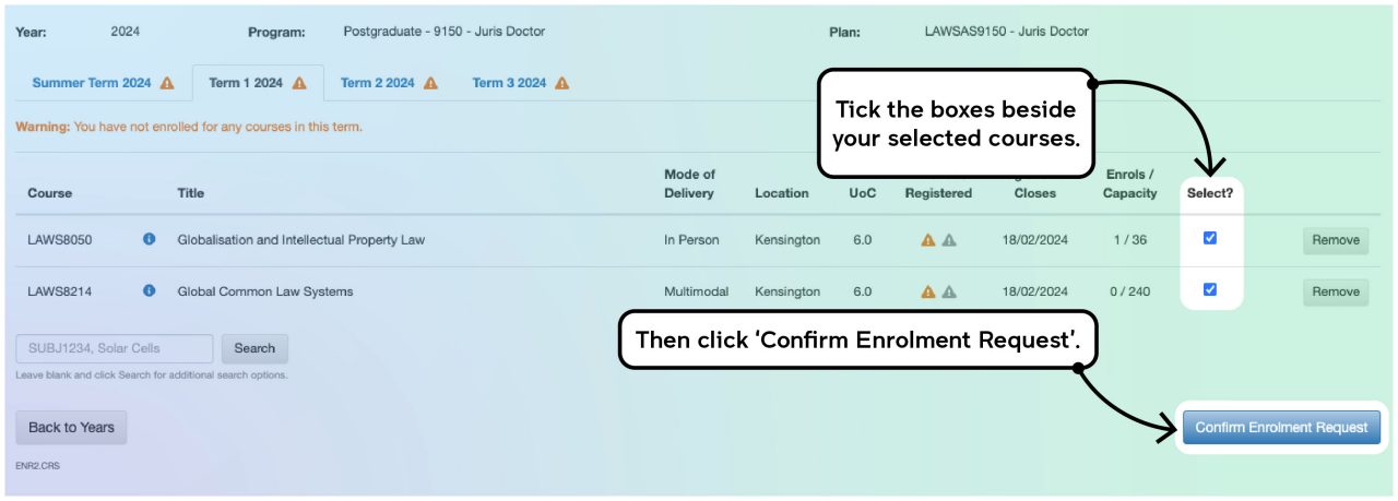 Screenshot illustrating the course enrolment process on myUNSW as described