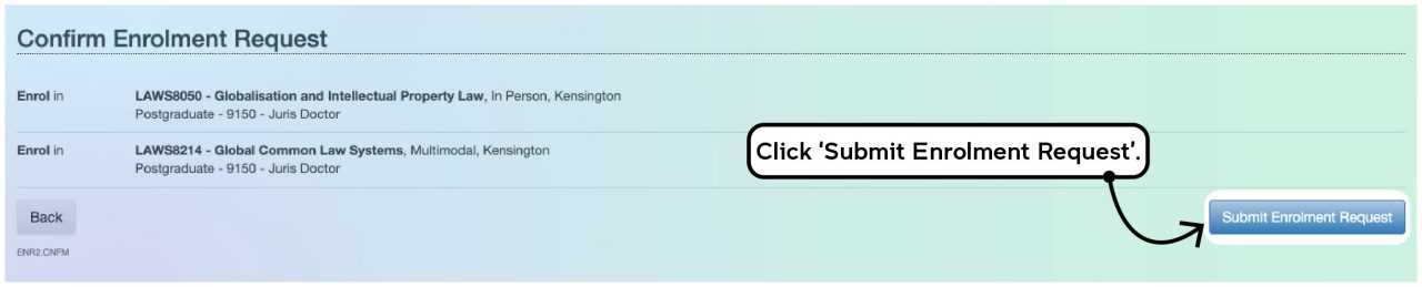 Screenshot illustrating the course enrolment process on myUNSW as described