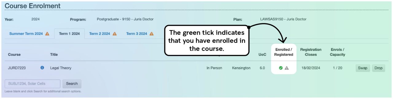 Screenshot illustrating the course enrolment process on myUNSW as described