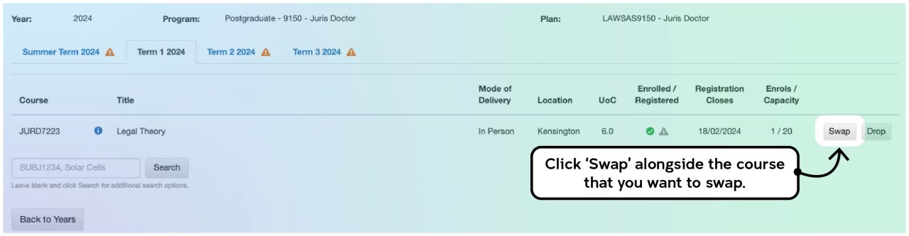 Screenshot illustrating the course enrolment process on myUNSW as described