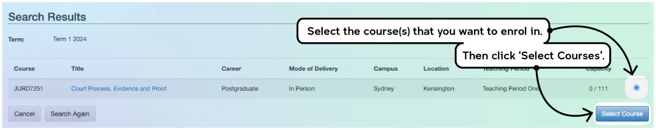 Screenshot illustrating the course enrolment process on myUNSW as described