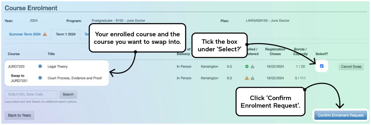 Screenshot illustrating the course enrolment process on myUNSW as described