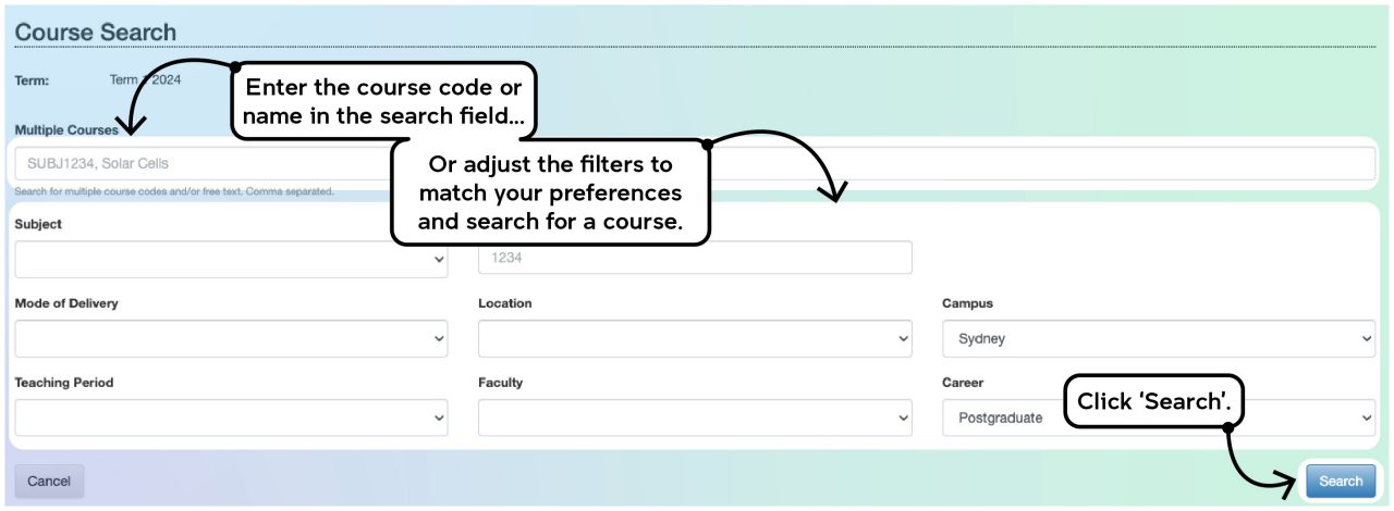 Screenshot illustrating the course enrolment process on myUNSW as described