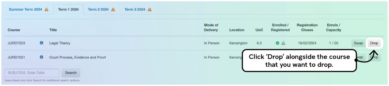 Screenshot illustrating the course enrolment process on myUNSW as described