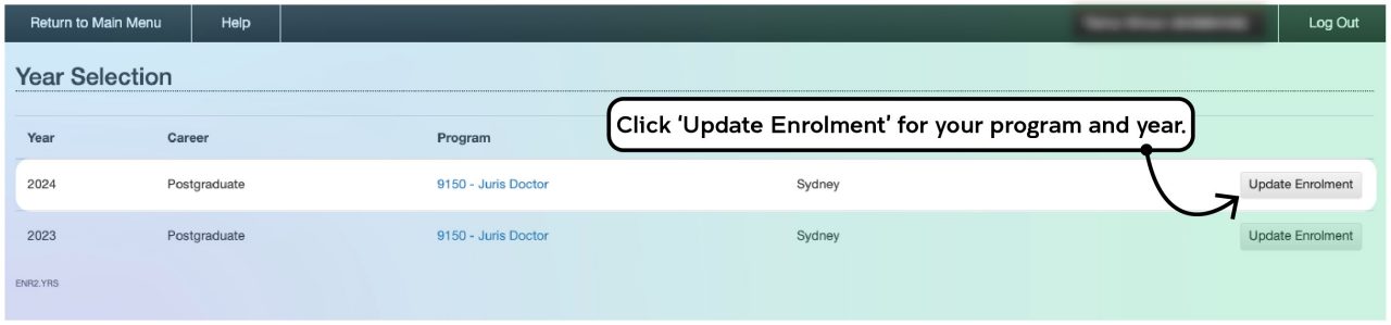 Screenshot illustrating the course enrolment process on myUNSW as described