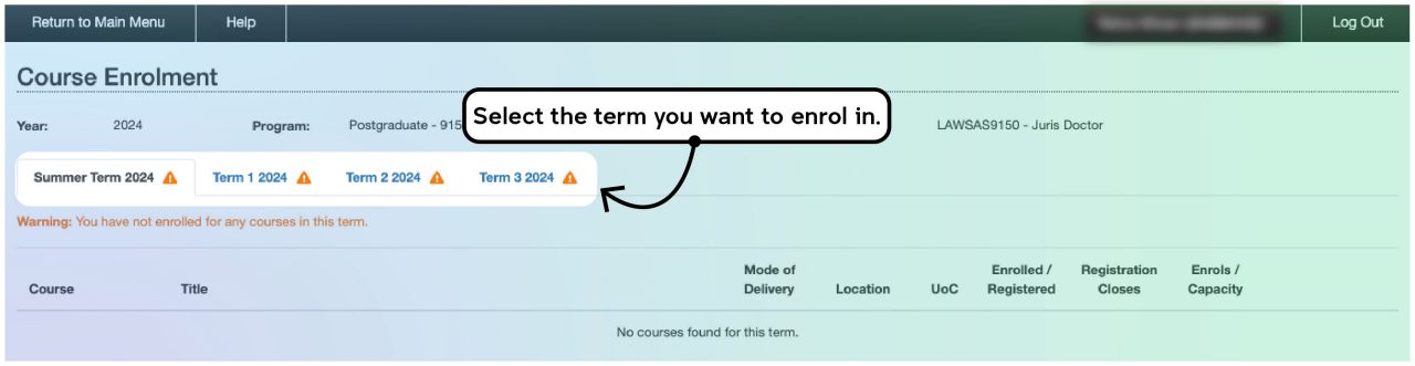 Screenshot illustrating the course enrolment process on myUNSW as described