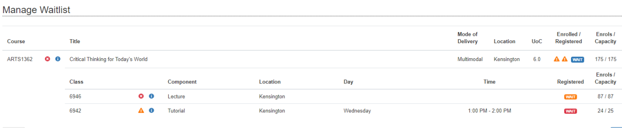 A screenshot of myUNSW enrolment basket with a waitlisted course