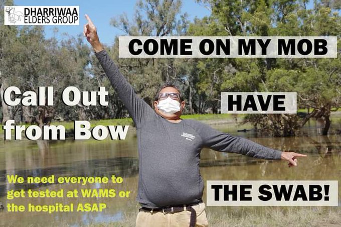 A masked person is standing with their arms outstretched. Text reads: Call Out from Bow: Come on my mob have the swab! We need everyone to get tested at WAMS or the hospital ASAP