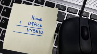 Hybrid working model due to covid-19 pandemic. Work from home or remote or in-office. A sticky pad with the words Home, Office and Hybrid written on it